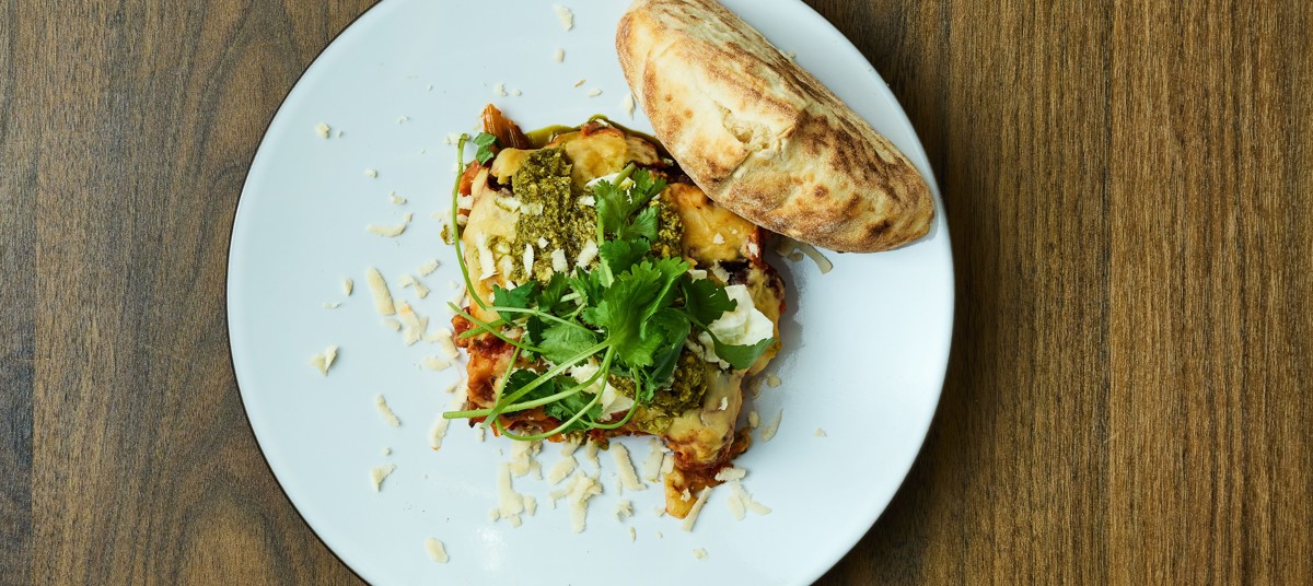 Lasagna með grænu pestói og hvítlauksbrauði